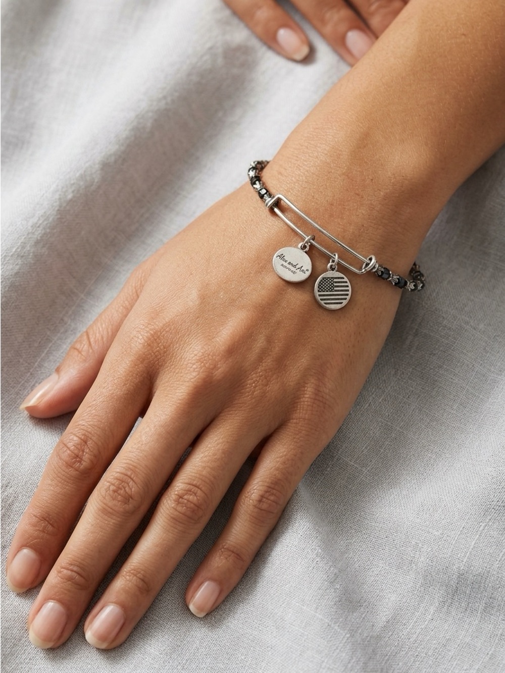 Alex and Ani Silver & Blue Beaded Wire Bangle with Patriotic Charms